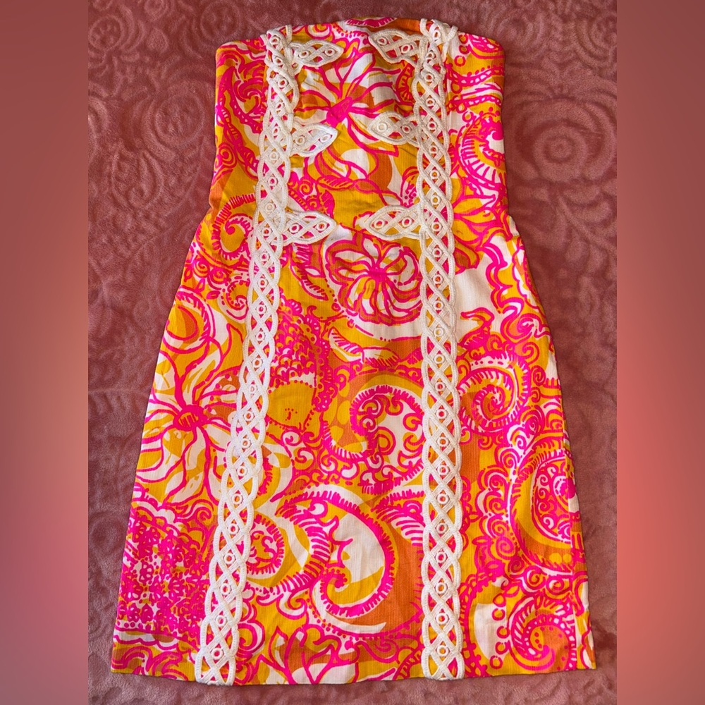 Lilly Pulitzer Strapless Dress in Vibrant Pink and Orange